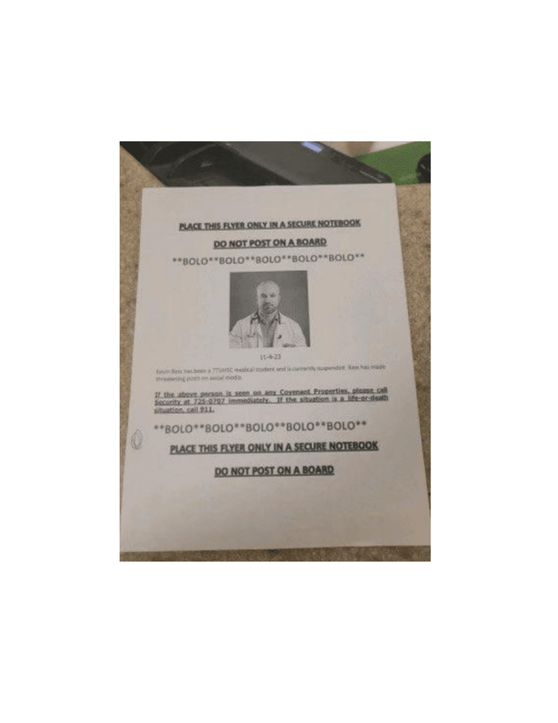 The BOLO poster circulated by TTUHSC on November 4, 2023 — Kevin Bass's photo with instructions to call 911.