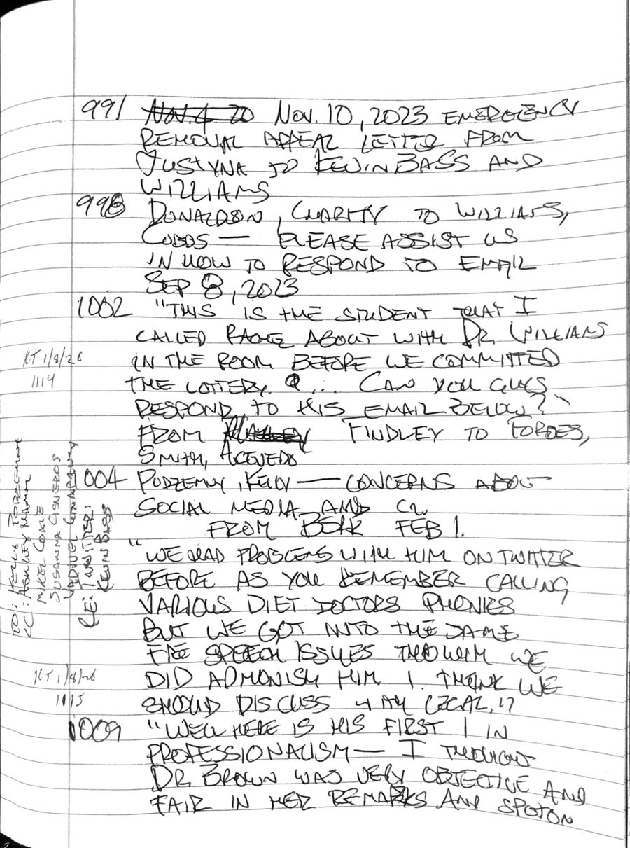 A page of handwritten notes from Kevin Bass's FERPA education-record inspection, January 2026. Kevin was restricted to in-person, view-only access with no copying — he transcribed the institution's own emails by hand.