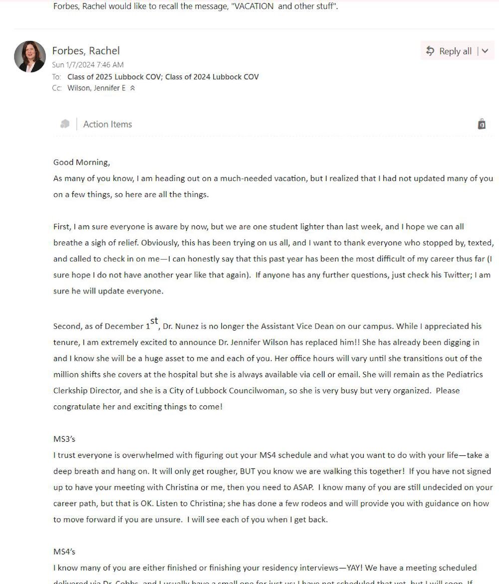 Screenshot of Rachel Forbes's email titled "VACATION and other stuff," sent January 7, 2024 at 7:46 AM to the Class of 2025 and Class of 2024 distribution lists. The recall notice is visible at the top. The email states: "we are one student lighter than last week, and I hope we can all breathe a sigh of relief... just check his Twitter."
