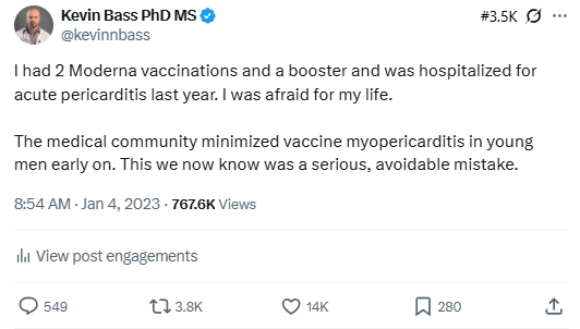 Tweet screenshot — Personal pericarditis disclosure (Jan 4, 2023)