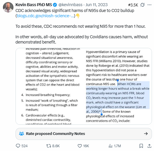 Tweet screenshot — NIOSH/CDC excerpt on N95 limits (Jun 11, 2023)
