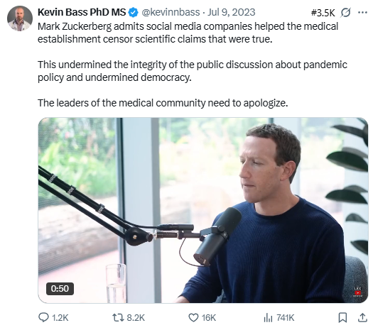 Tweet screenshot — Zuckerberg on platform moderation (Jul 9, 2023)