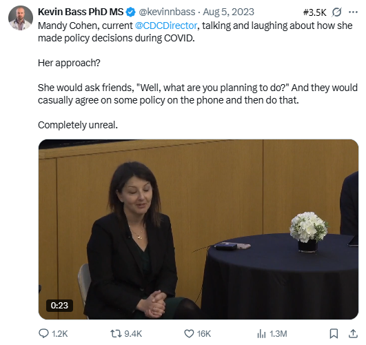Tweet screenshot — Mandy Cohen on COVID decisions (Aug 5, 2023)