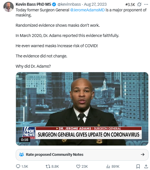 Tweet screenshot — Jerome Adams masking contrasts (Aug 27, 2023)